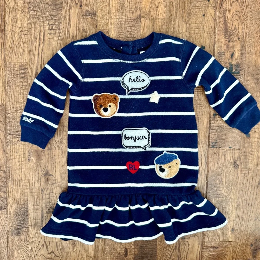 Ralph Lauren Striped Bear Patch Ruffle Bonjour‎ Dress Baby Girl Size 6 Months I